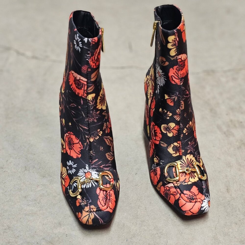 Floral Block Heel Ankle Boots With Gold Buckle Detail & Side Zipper Closure - Picture 6 of 9